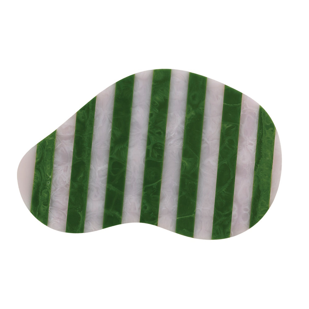 An organically shaped resin serving board with alternating green and white marbled vertical stripes.