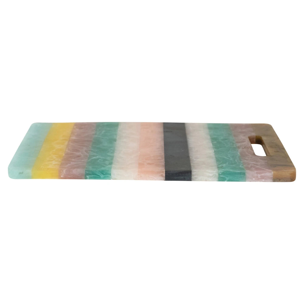 Colorful striped marble serving board with handle, artisan stone cheese platter for kitchen decor and entertaining.