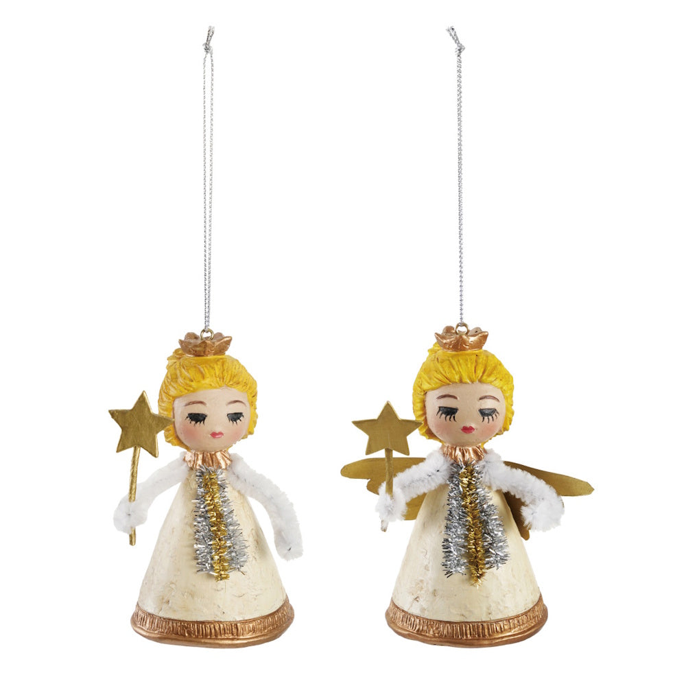Two resin vintage-reproduction angel ornaments with star wands and hanging strings.