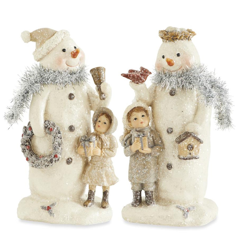 Front view of two cream resin snowman figurines with silver tinsel scarves and children.