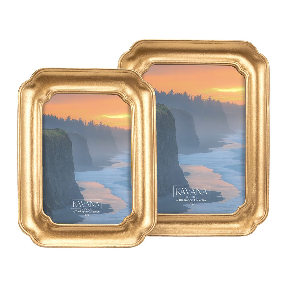 Two gold Kavana Decor picture frames in 4x6 and 5x7 sizes featuring a coastal sunset landscape.