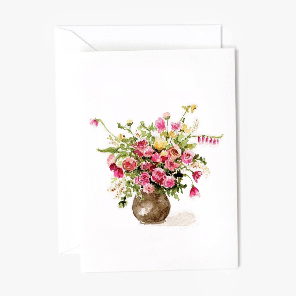 Small watercolor notecard featuring a colorful rose bouquet in a vase accompanied by a white envelope.