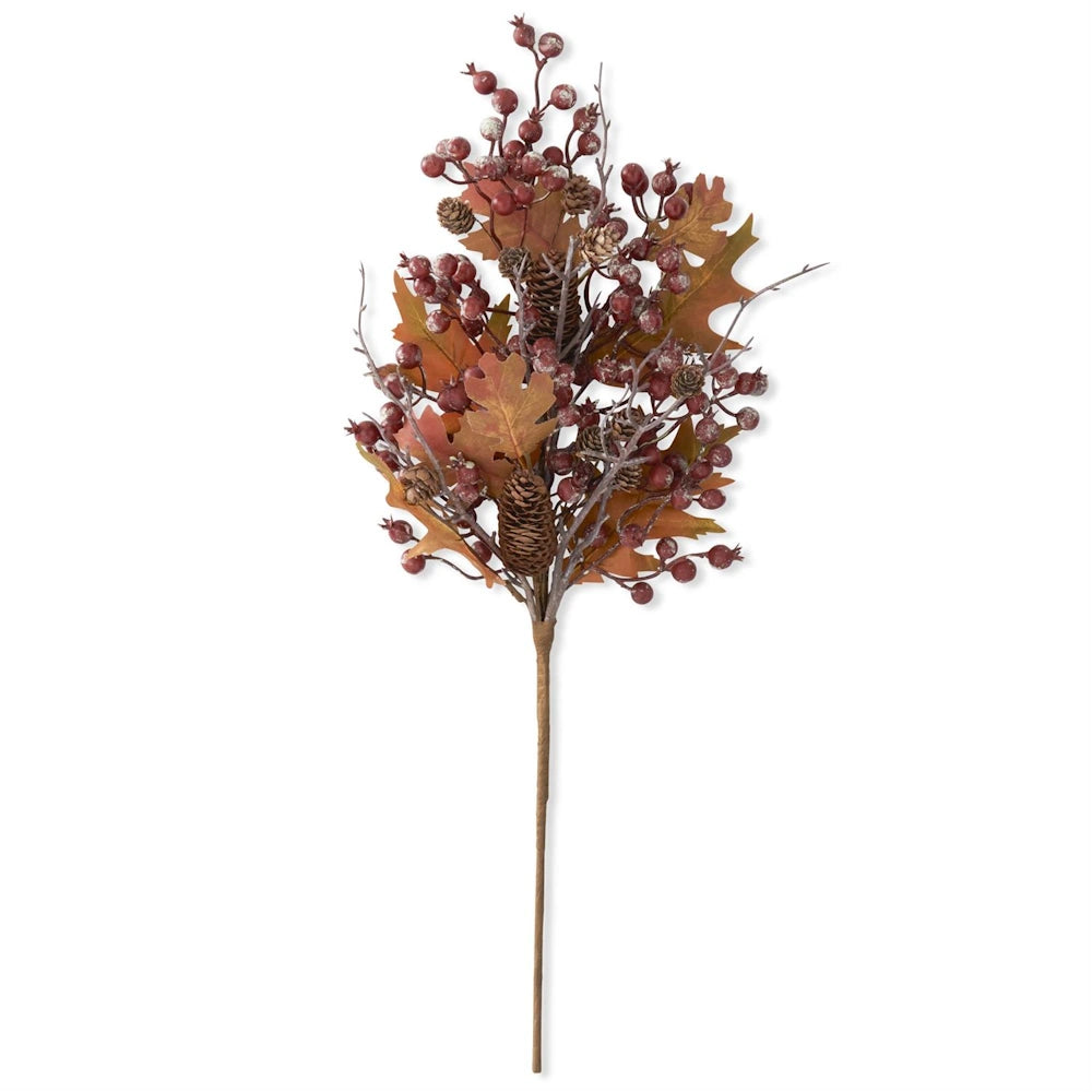 An artificial autumn floral stem featuring frosted red berries, small pinecones, and oak leaves.