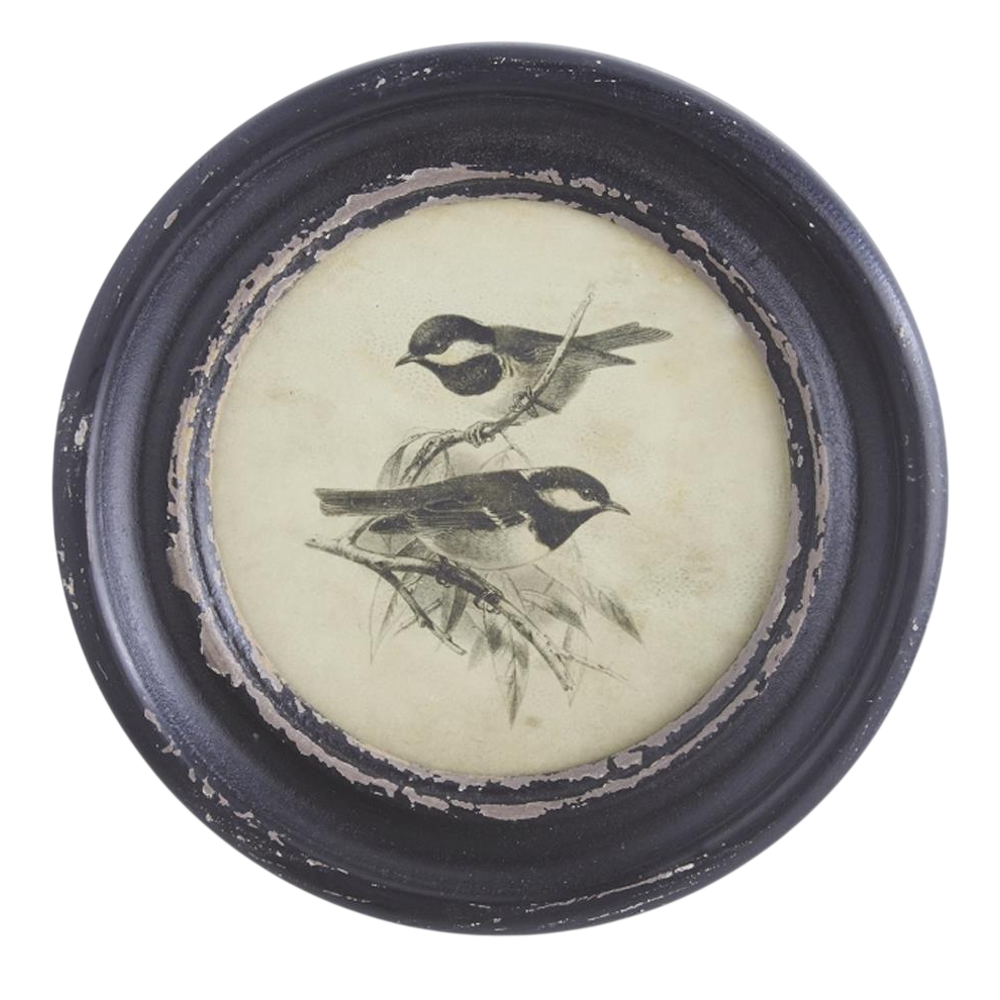 Vintage round black distressed frame with a black and white sketch of two birds on a branch.