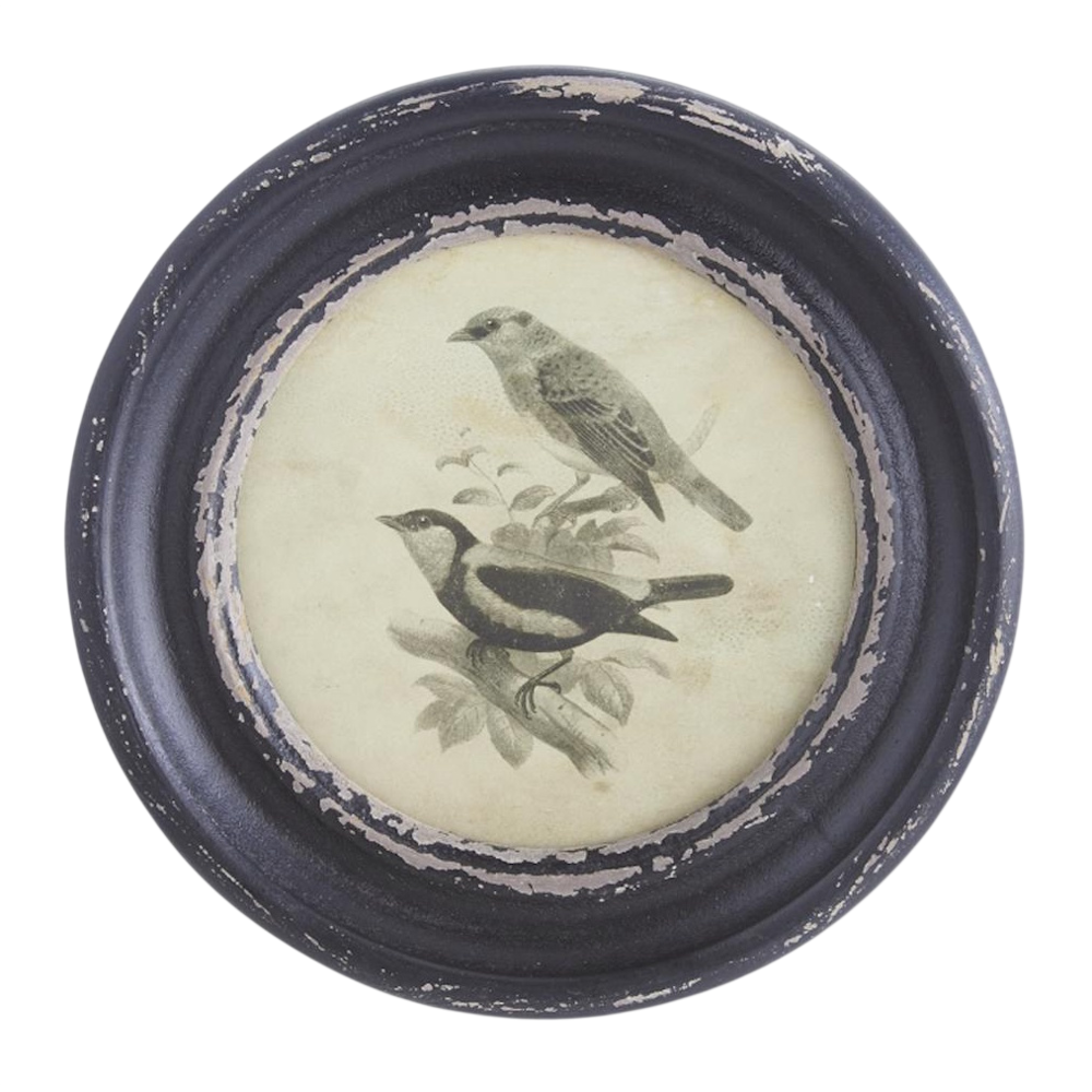 Vintage-style round black distressed frame featuring a monochromatic illustration of two birds perched on a branch.