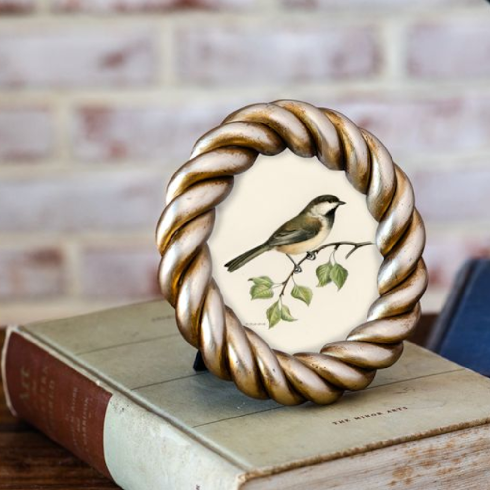 Round gold rope-style photo frame displaying a bird illustration resting on a book.