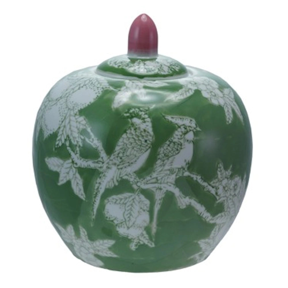 Green stoneware ginger jar with white bird and floral motif, featuring a decorative pink finial on the lid.