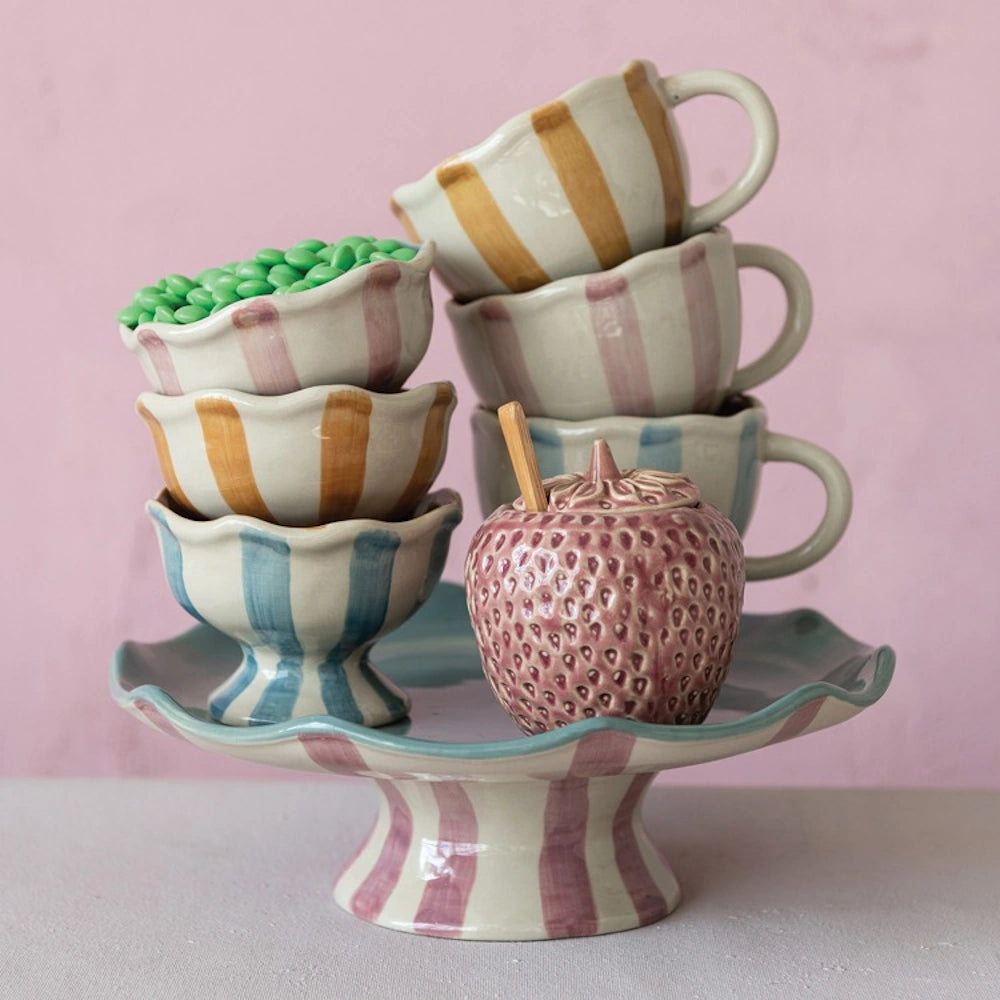 Round Stoneware Pedestal with Stripes & Ruffled Edge — alternate view 2