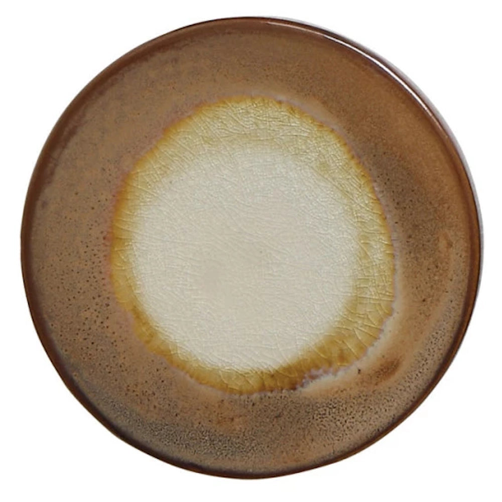 Round brown stoneware trivet with reactive crackle glaze and cream center. Durable heat-resistant kitchen accessory.