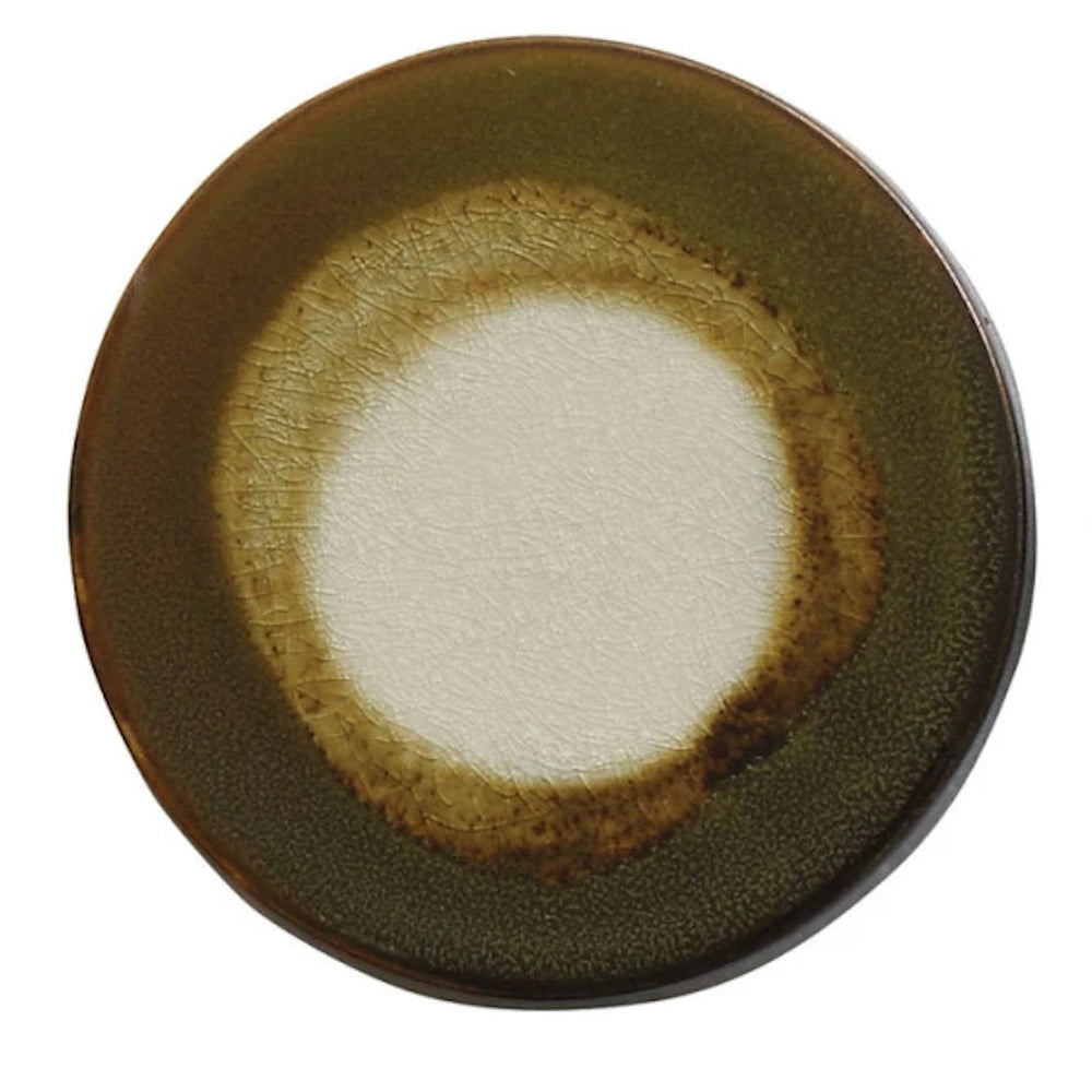 Round stoneware trivet with a crackle glaze finish in earthy brown and cream tones on a white background.