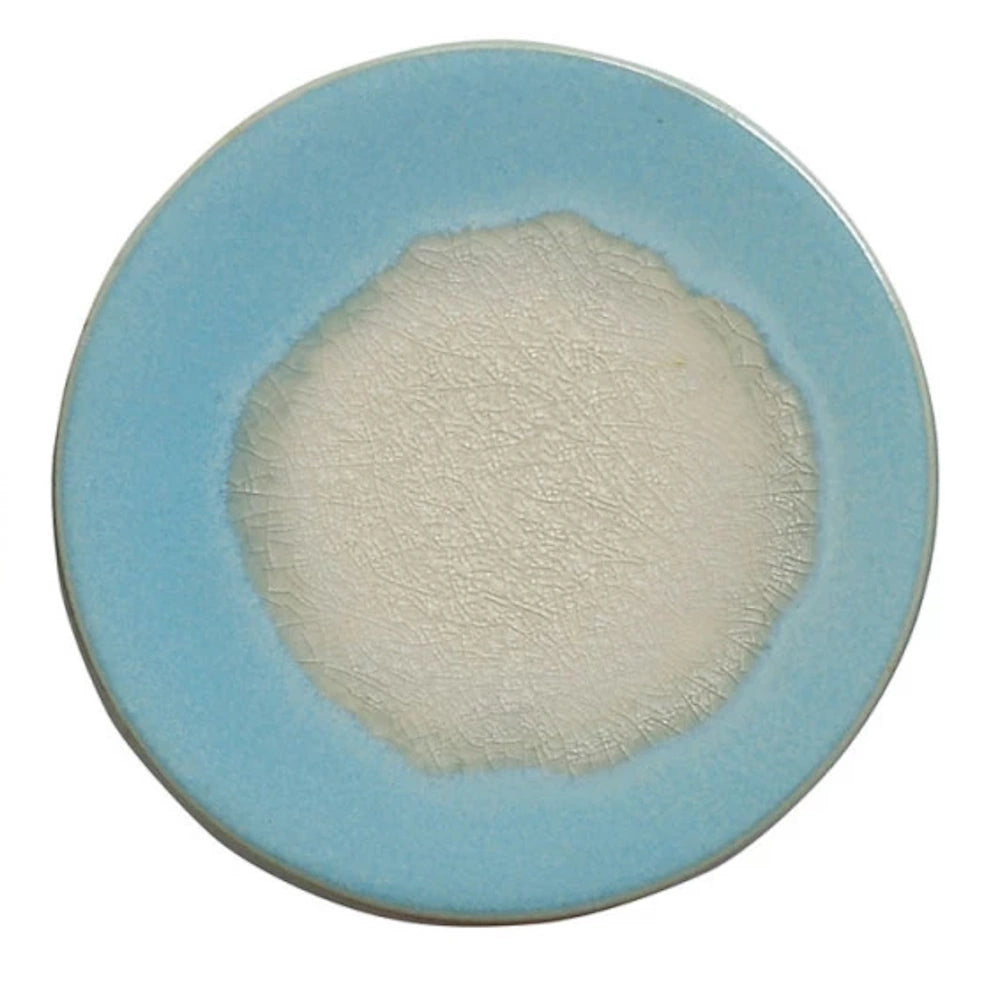 Light blue rimmed plate with a textured, circular cream center, featuring an irregular edge.