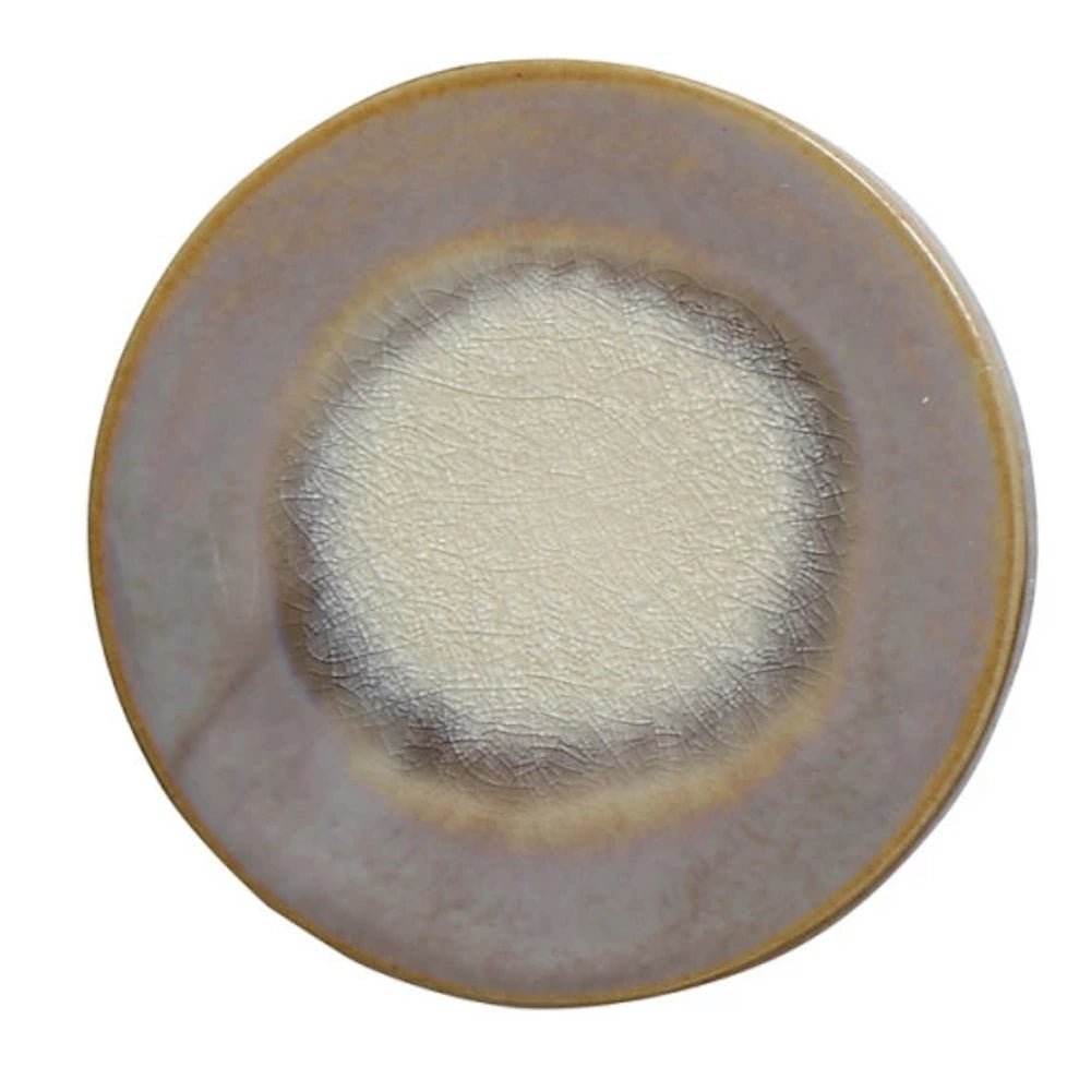 Round stoneware trivet with a crackle glaze finish, featuring a neutral cream center and tan border for home decor.