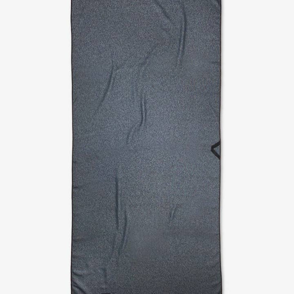 A grey microfiber beach towel with a subtle black loop on the side, displayed on a white background.