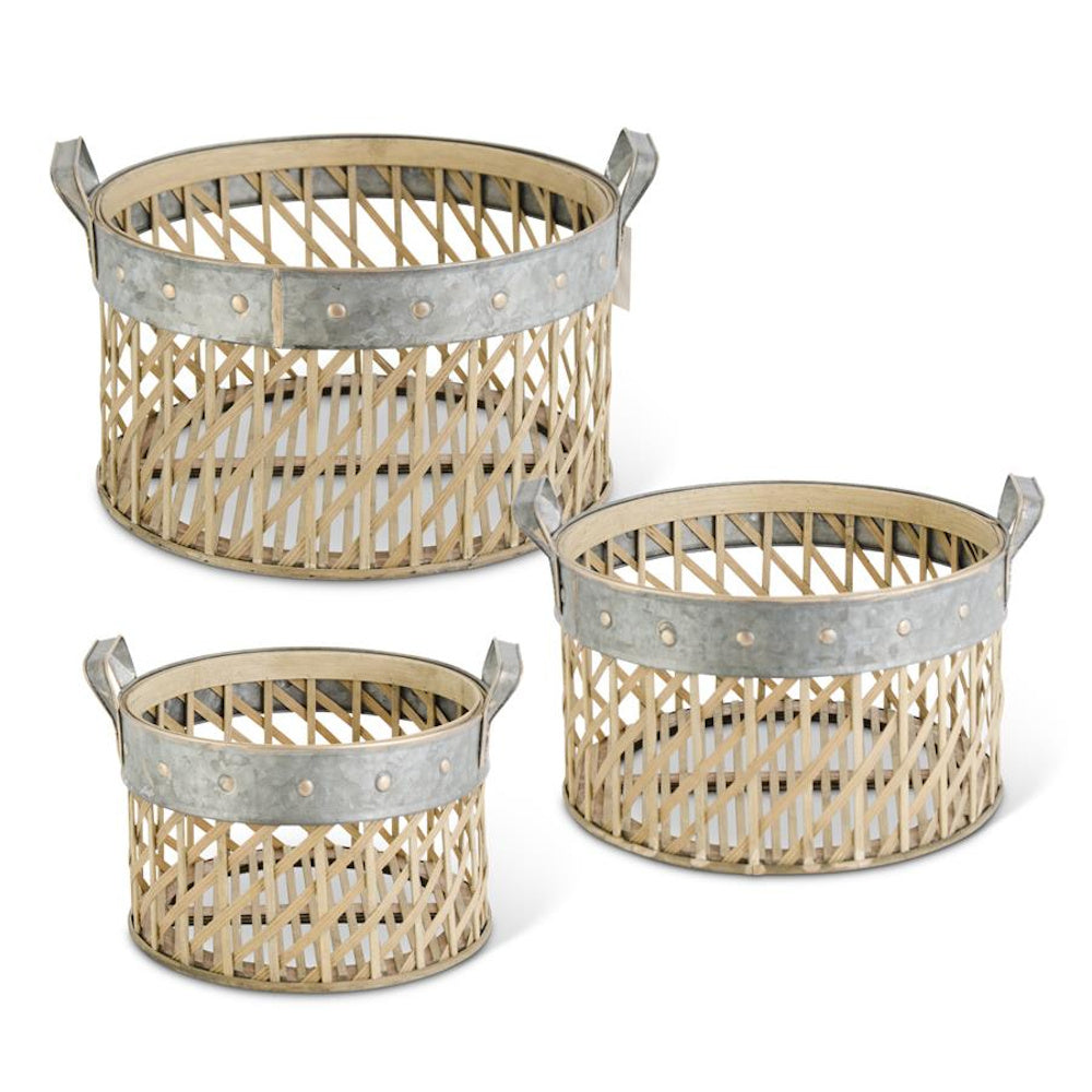 Medium Round Woven Bamboo Baskets with Metal Trim and Handles — alternate view 2