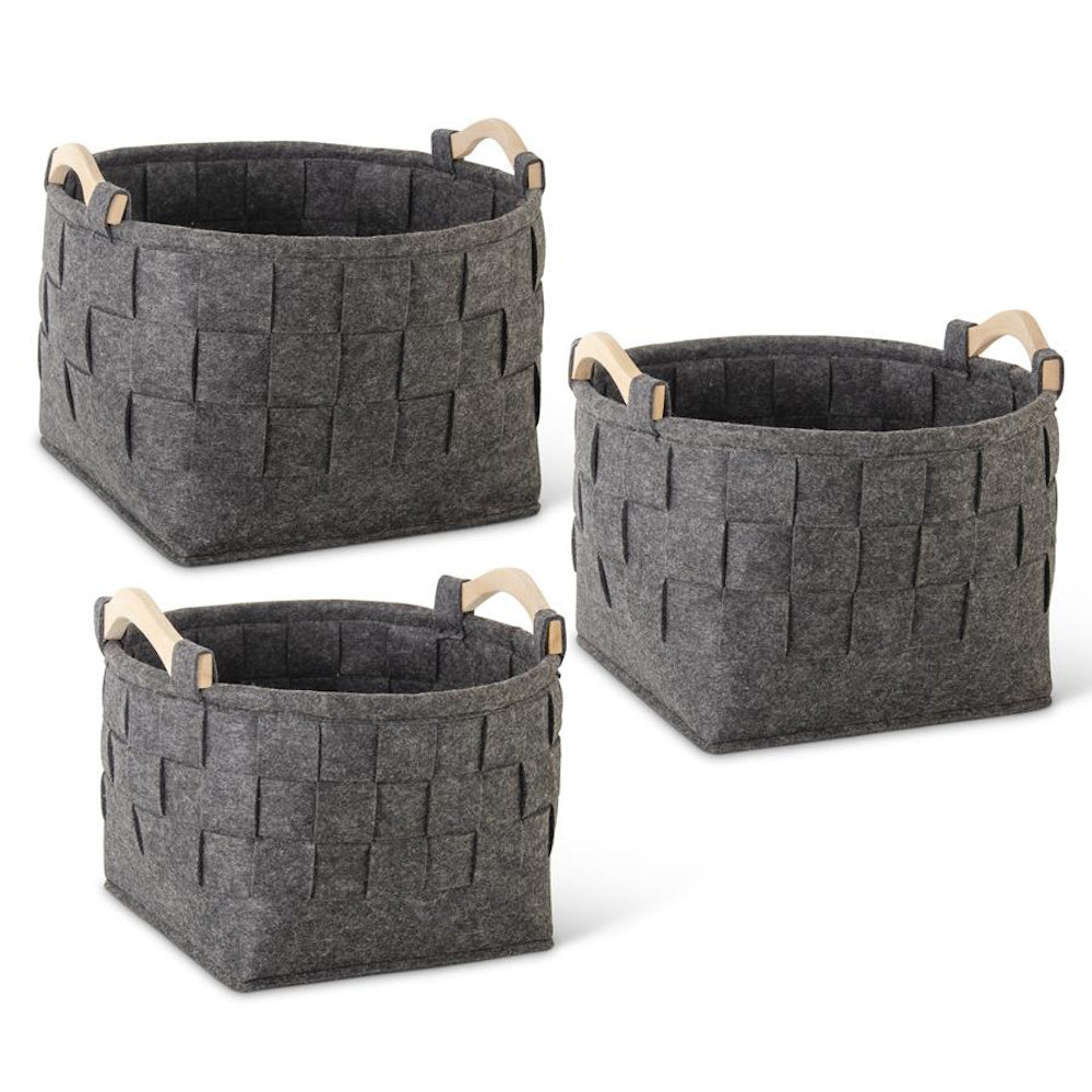 Medium Round Woven Gray Felt Nesting Baskets with Wood Handle — alternate view 2