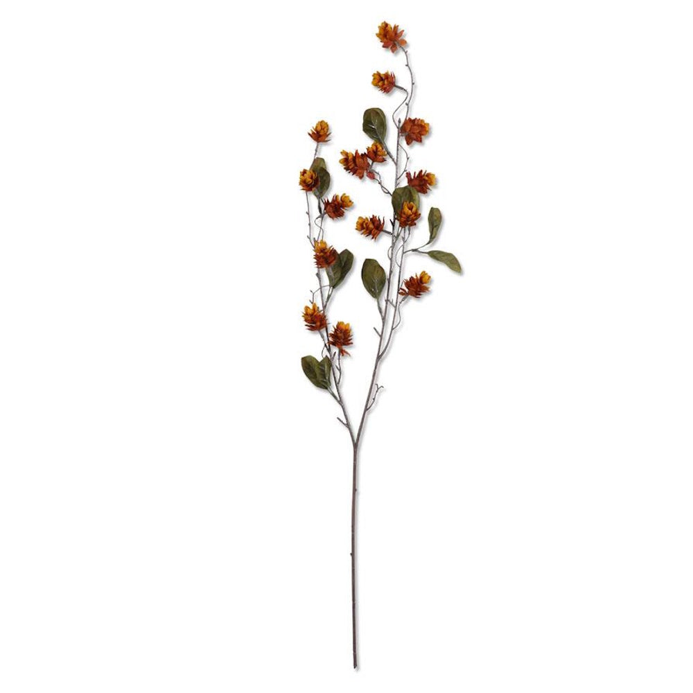 Artificial rust-orange hop spray branch with green leaves on a white background.