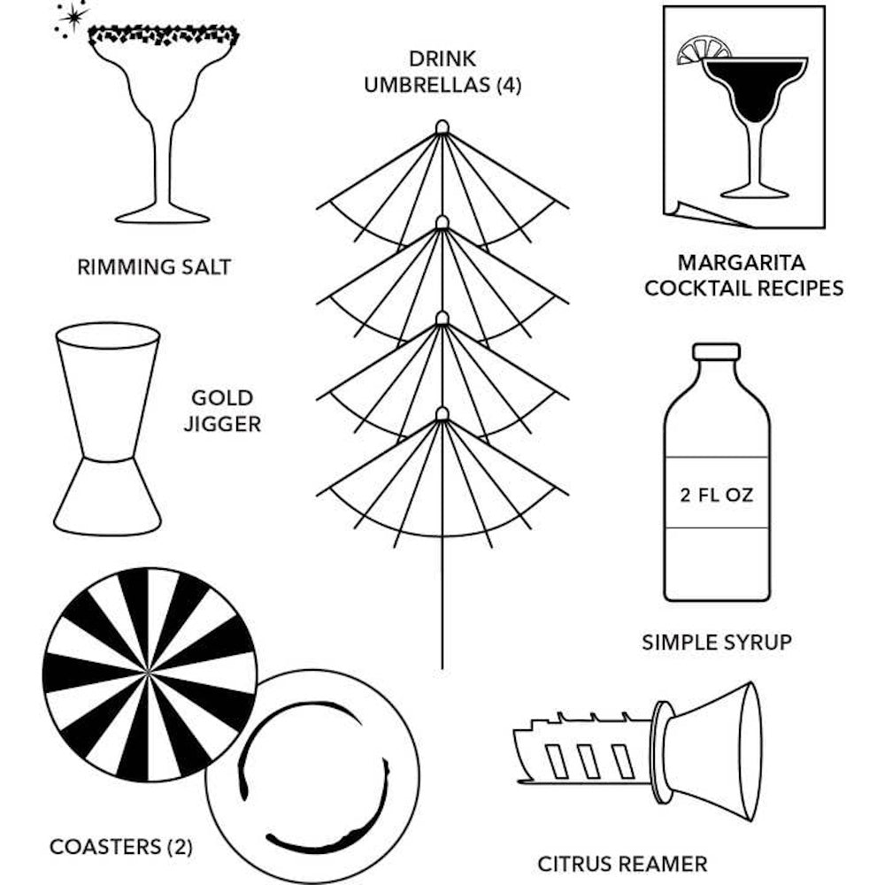 Line drawings of margarita kit items: rimming salt glass, jigger, umbrellas, recipe, syrup, coasters, reamer.