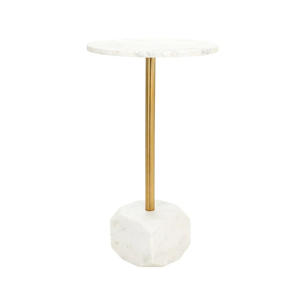 White marble round top accent table with a slender gold pedestal stem and a faceted white marble block base.