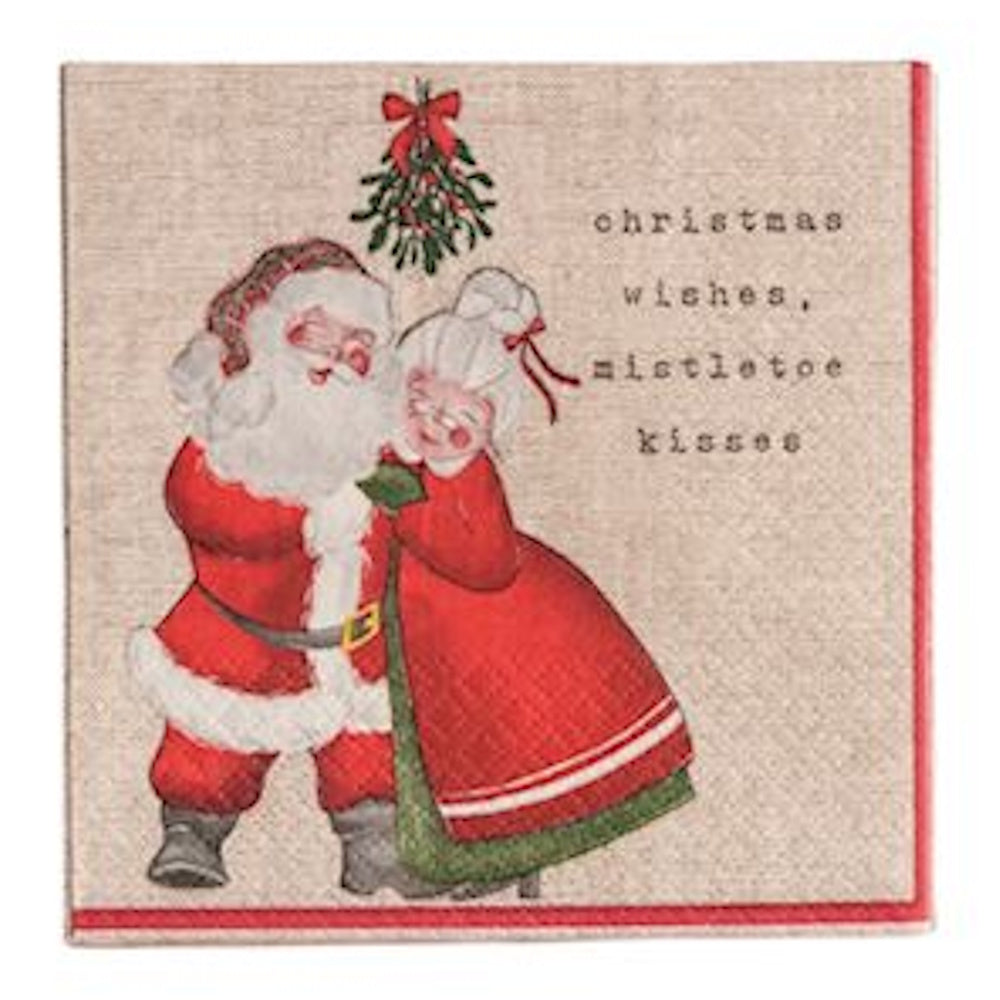 Square cocktail napkin with Santa and Mrs. Claus under mistletoe, reading "christmas wishes, mistletoe kisses."
