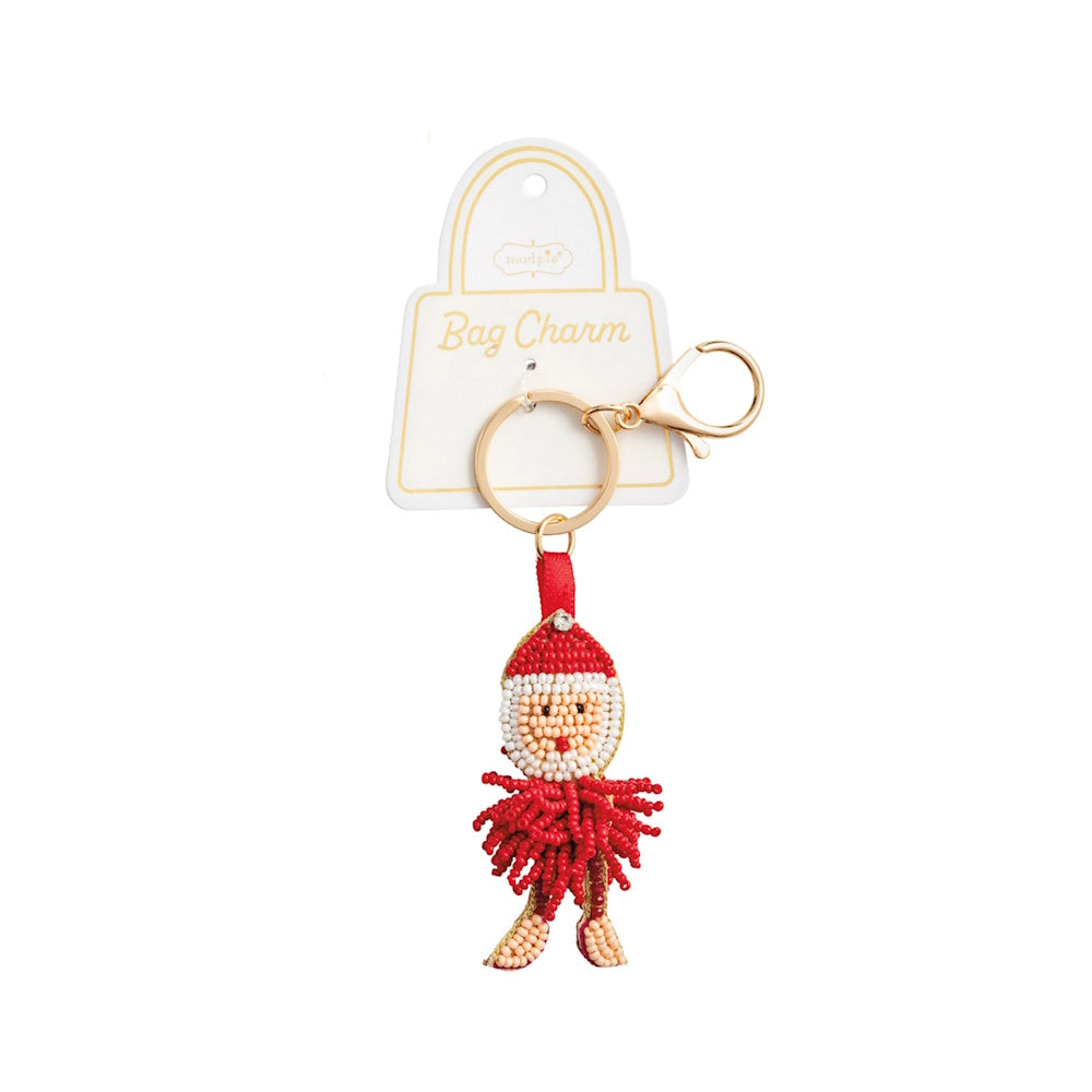 Beaded Santa Claus bag charm with a red fringe outfit and gold key ring clip.