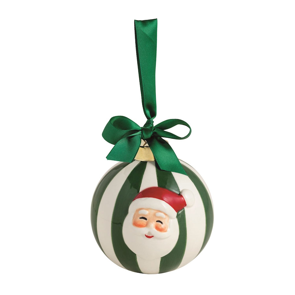 Green and white striped ball Christmas ornament featuring Santa Claus face and a green ribbon.