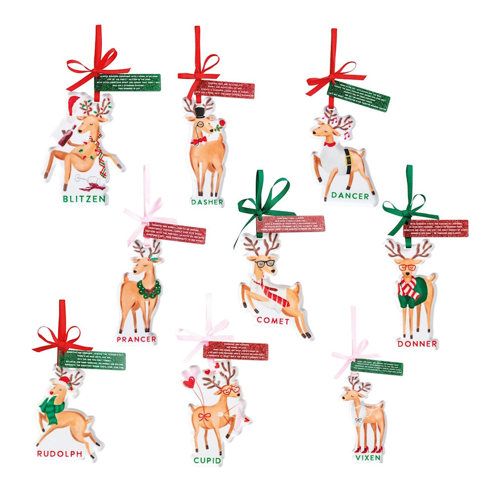 Set of nine reindeer ornaments, each depicting a different character with named labels and ribbon ties.
