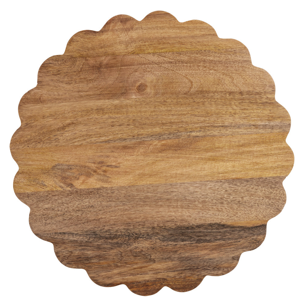Round scalloped wooden lazy Susan tray made of acacia wood. Decorative rotating server for dining tables and kitchens.