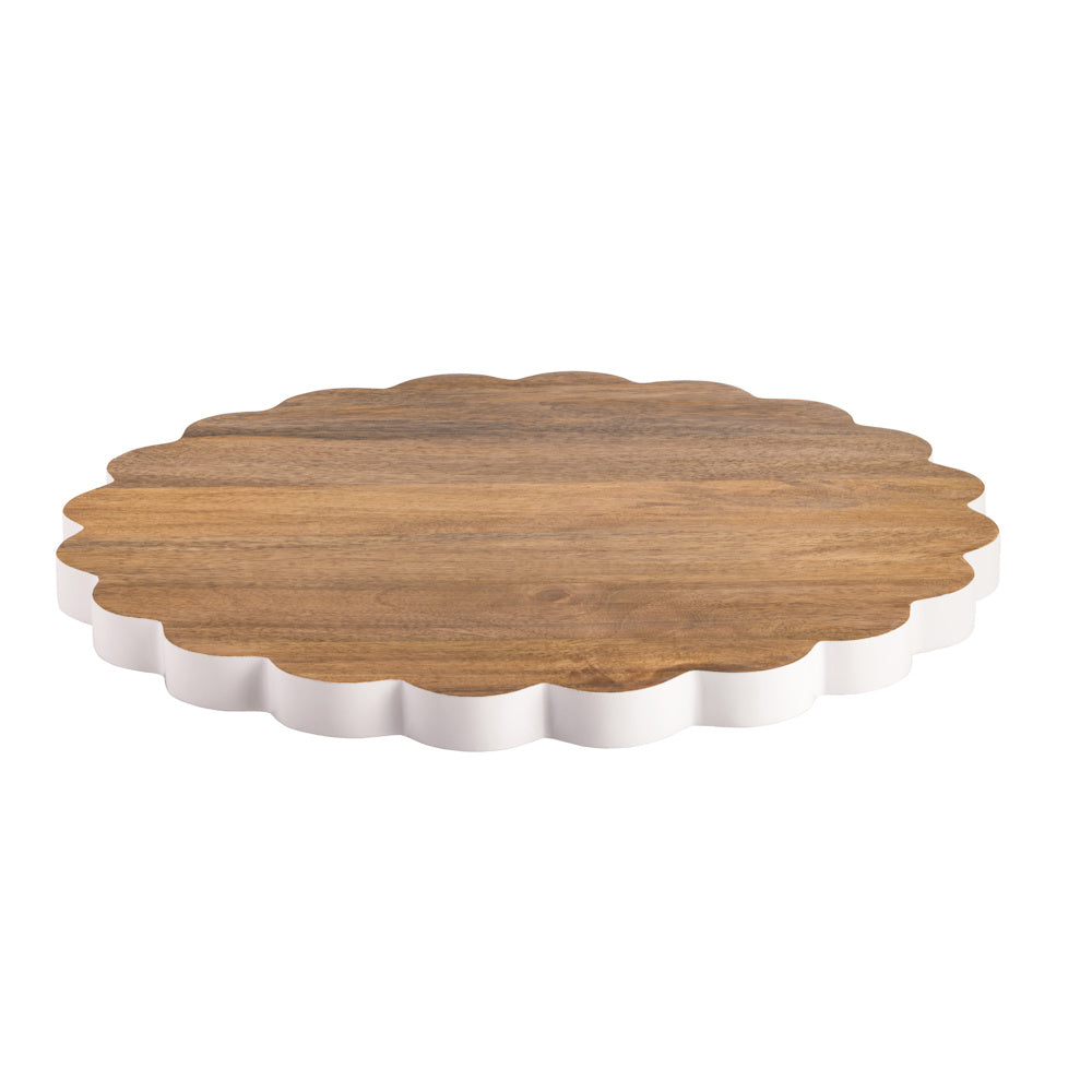 Scalloped wood lazy Susan with white base. Round rotating acacia wood serving tray for kitchen and dining table decor.