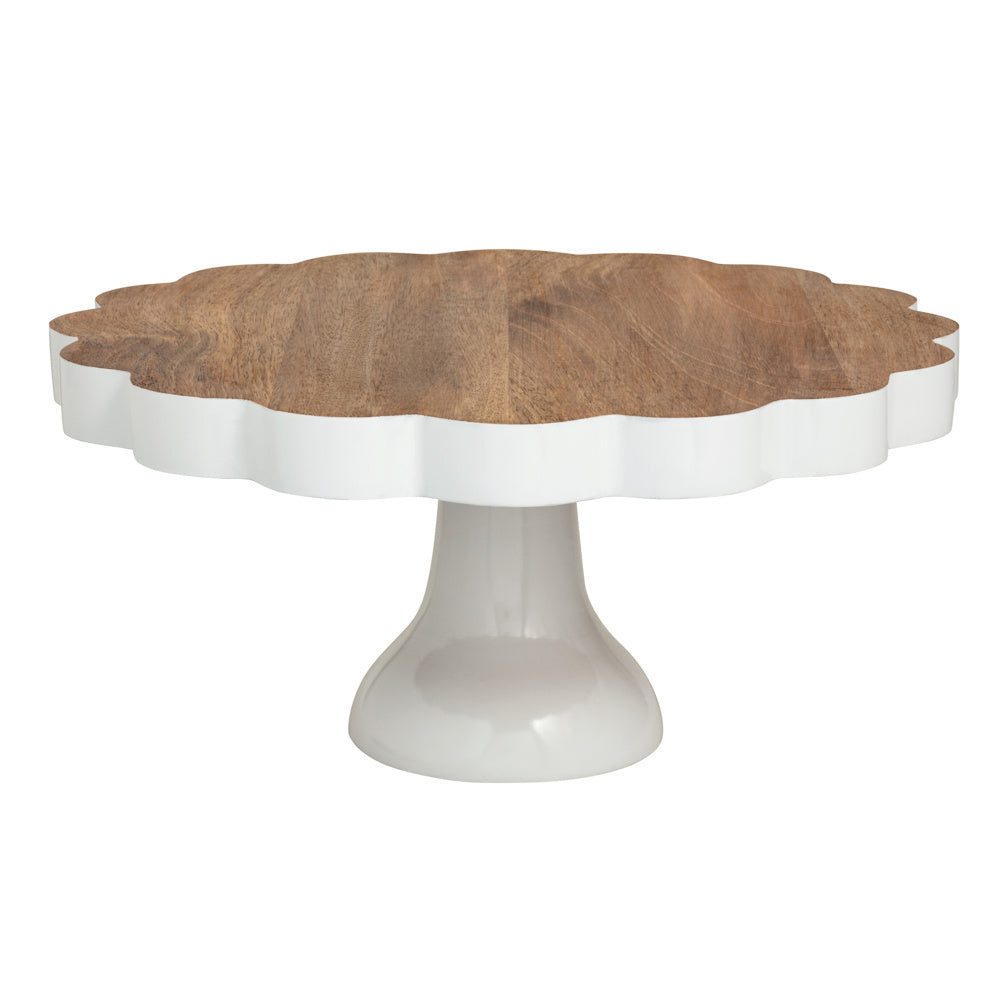 Scalloped wood and white enamel cake stand on a pedestal base, rustic modern dessert server for home decor.