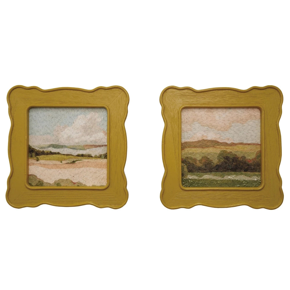 Set of 2 small impressionist landscape wall art pieces in thick yellow mustard wavy frames.