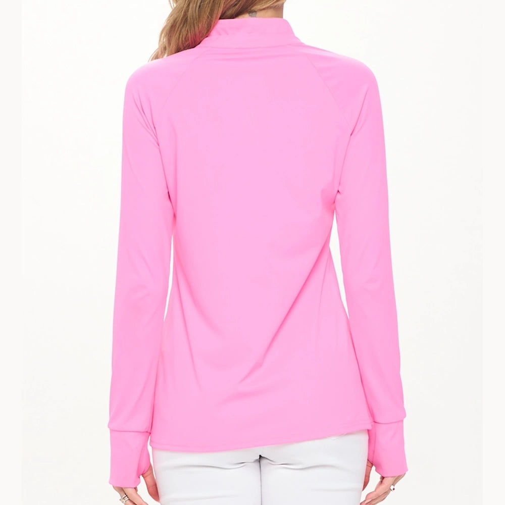 Back view of a hot pink long-sleeve pullover with cuffed sleeves and a mock neck, worn with white pants.
