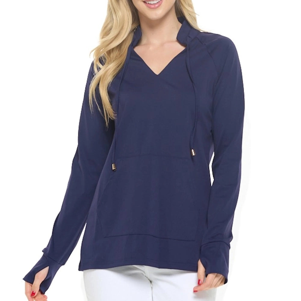 Woman wearing a navy Scarlett cuffed sleeve pullover with a V-neck, hood drawstrings, and thumbhole cuffs.