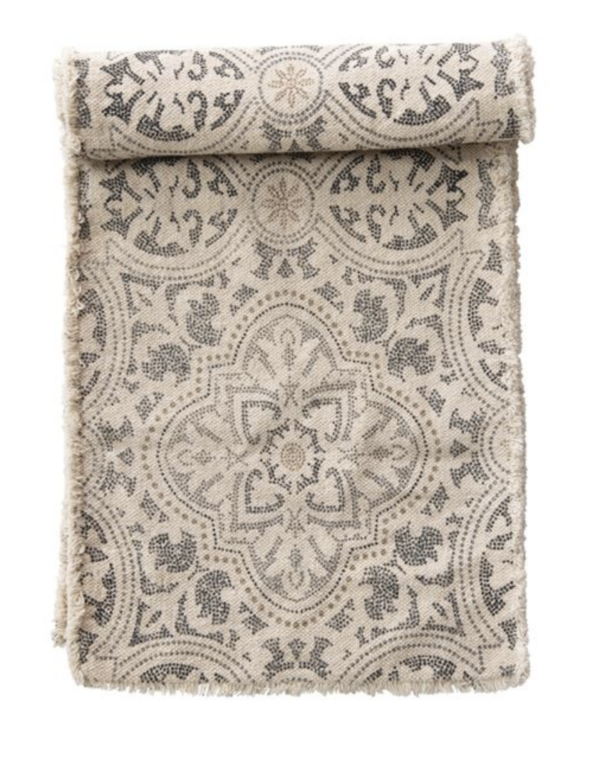 Cotton Printed Table Runner with Frayed Edge, Grey & Cream Color — alternate view 2
