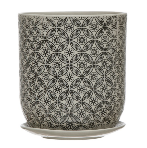Hand-Stamped Stoneware Pot & Saucer w/ Embossed Pattern, Black & Cream Color — alternate view 5
