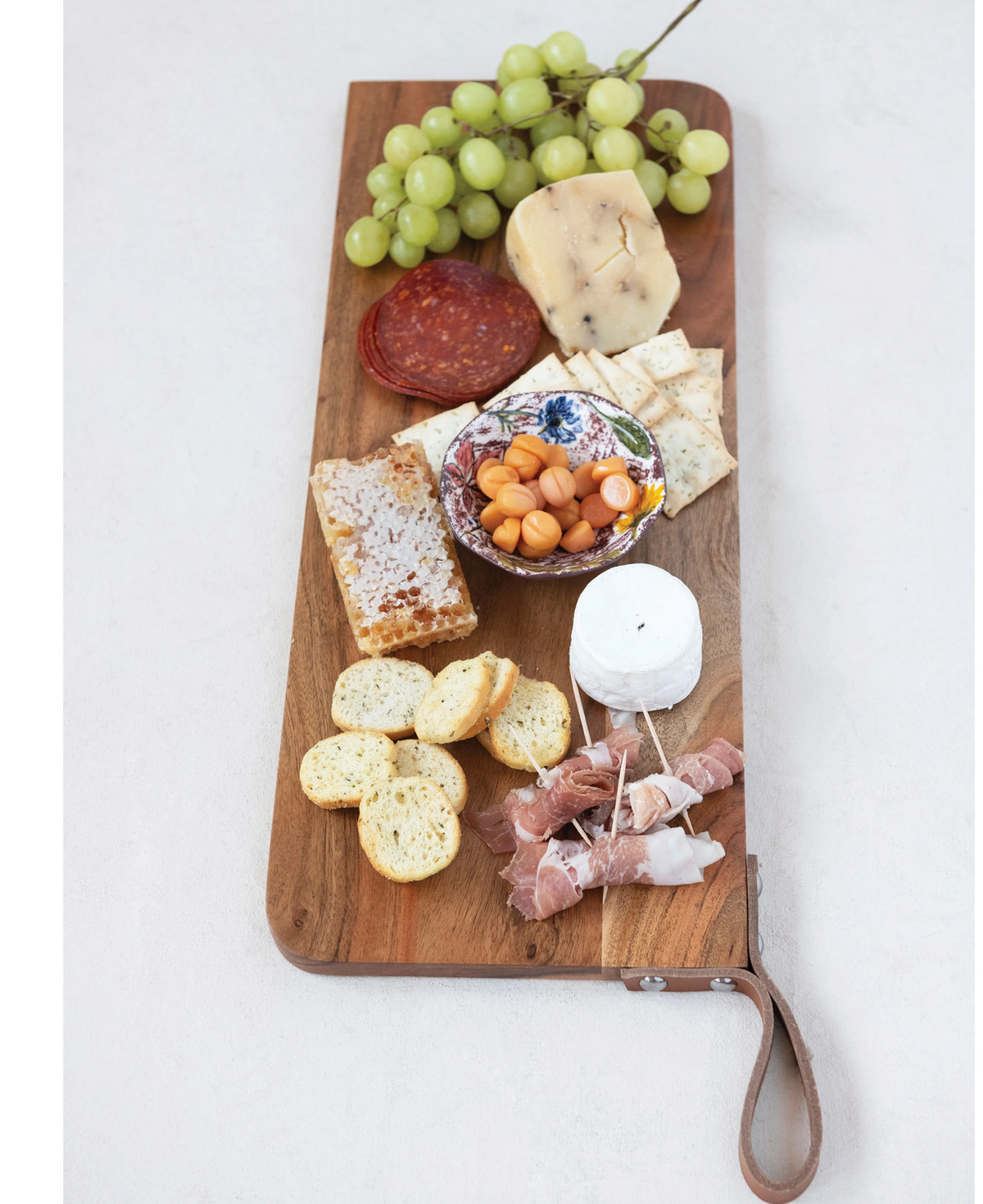 Acacia Wood Cheese/Cutting Board with Leather Strap — alternate view 2