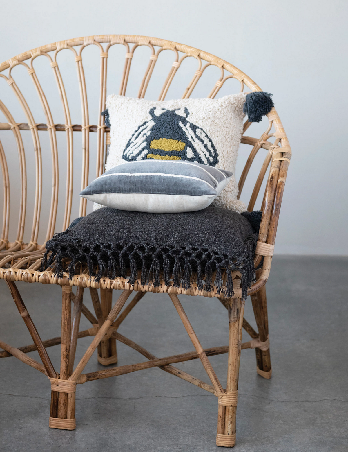 Cotton Punch Hook Pillow with Bee and Tassels — alternate view 2
