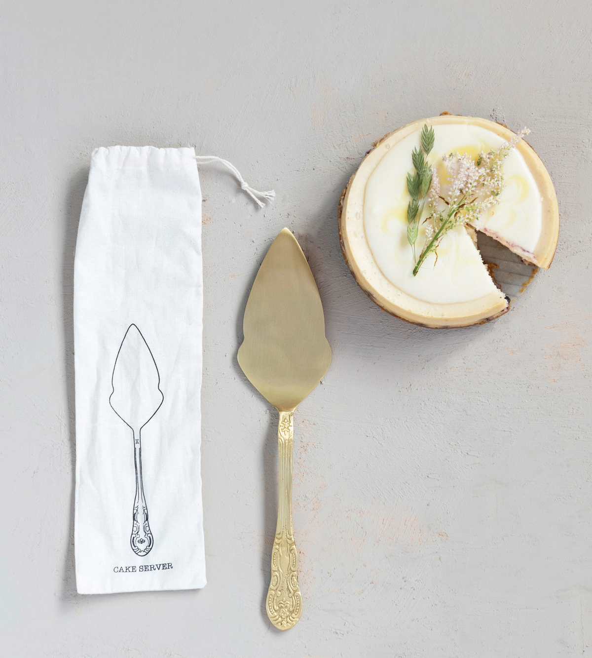 Brass Cake Server in Printed Drawstring Bag — alternate view 2