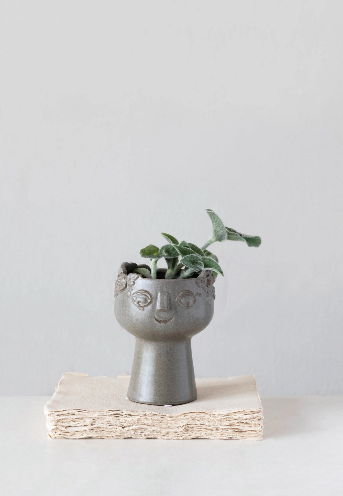 Stoneware Planter with Face, Reactive Glaze — alternate view 2