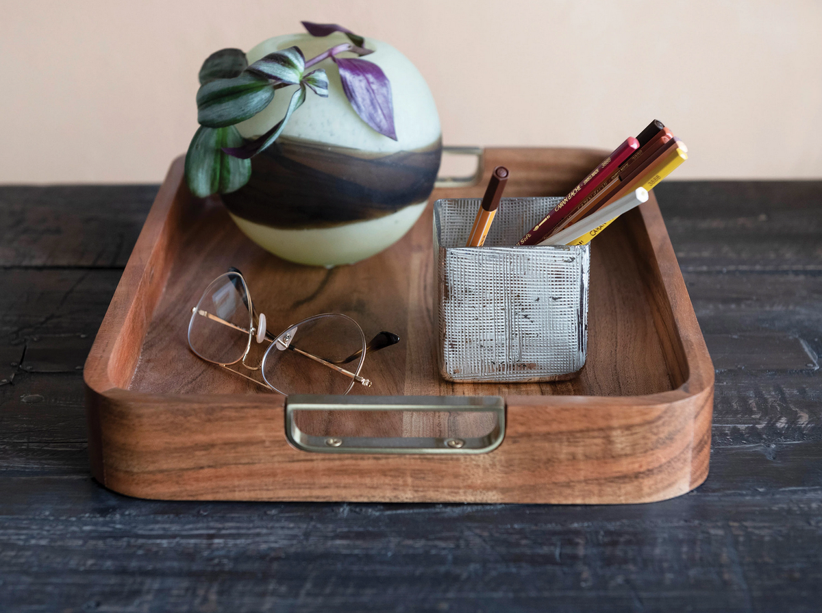 Acacia Wood Tray with Gold Finish Handles — alternate view 2