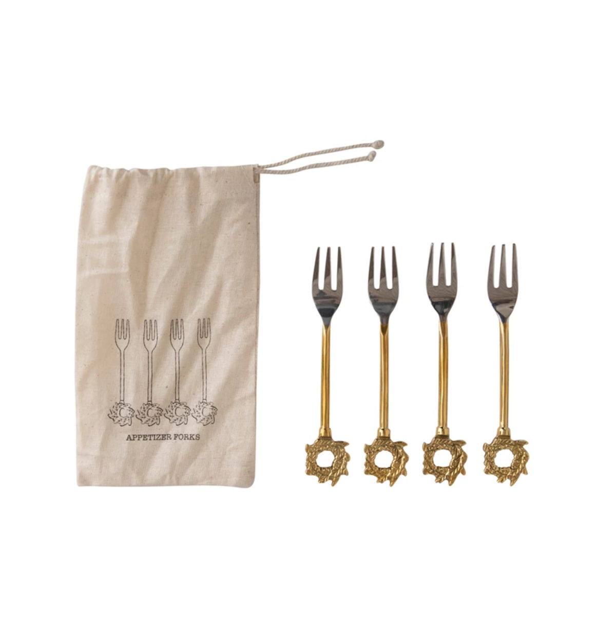 Stainless Steel and Brass Forks, Set of 4, Wreath
