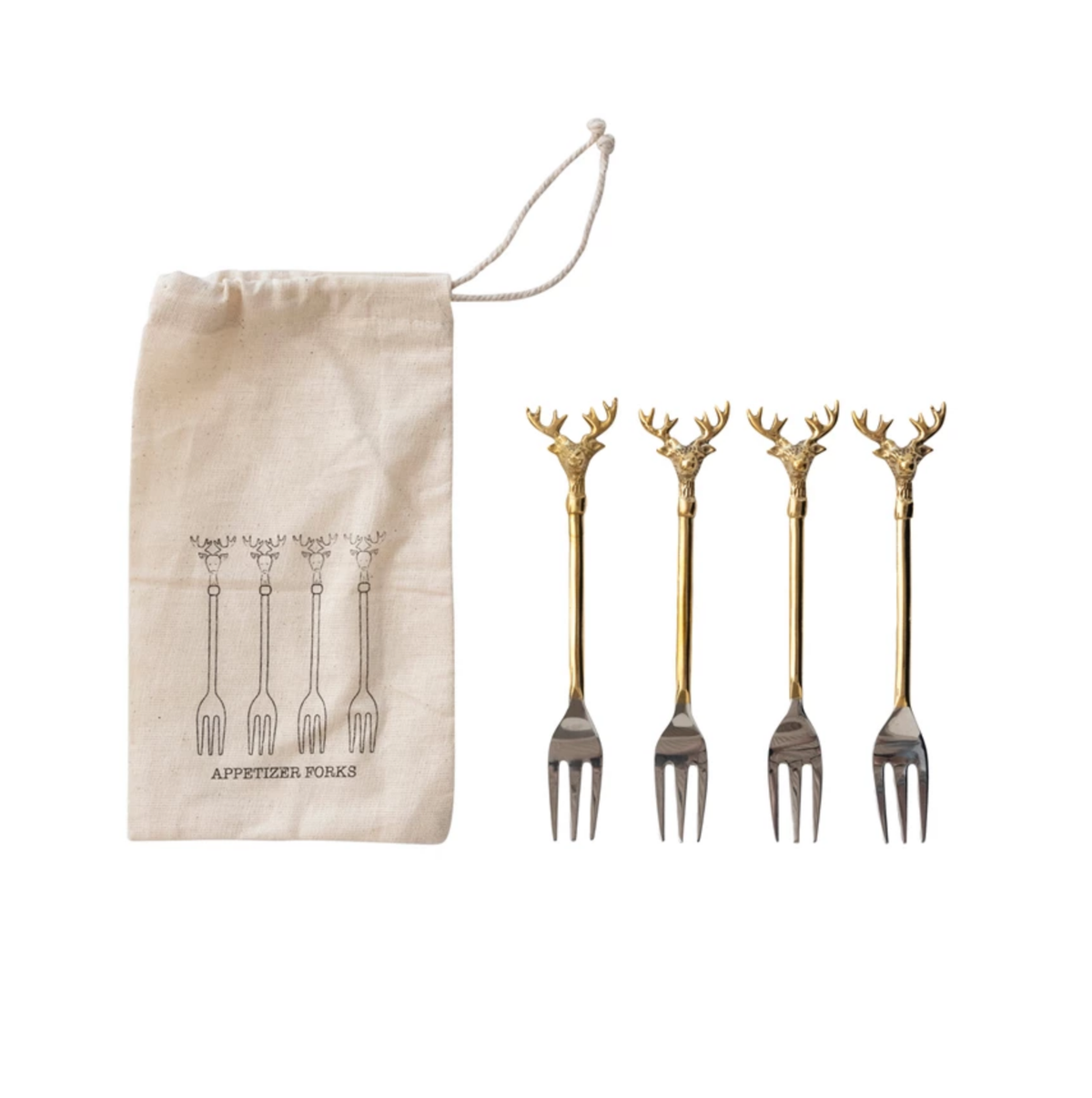 Stainless Steel and Brass Forks, Set of 4, Deer