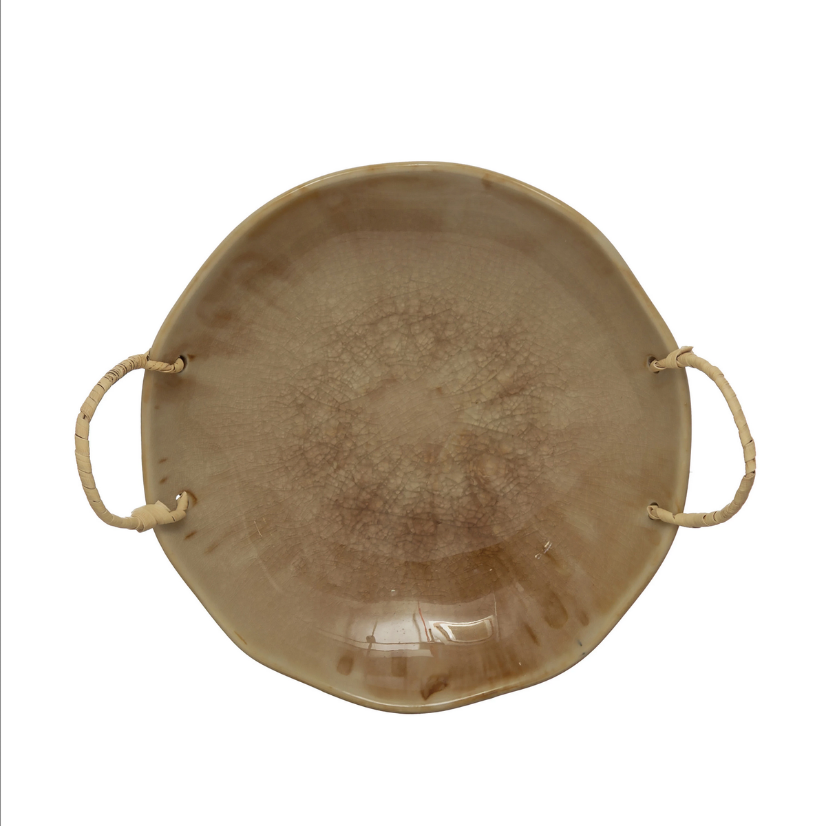 Stoneware Bowl with Rattan Wrapped Handles, Reactive Crackle Glaze — alternate view 2