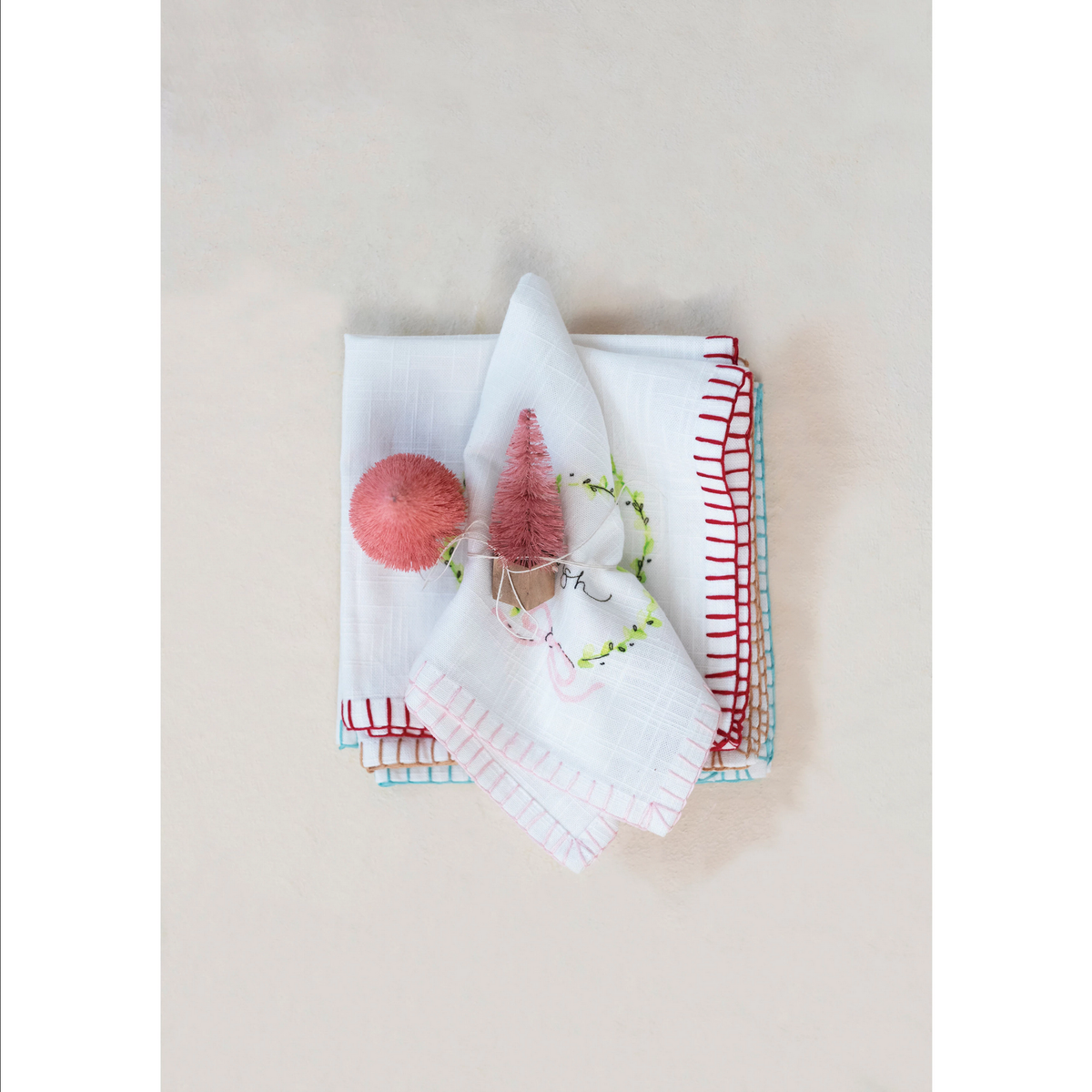 Cotton Napkins with Holiday Word, Wreath and Blanket Stitch, Set of 4