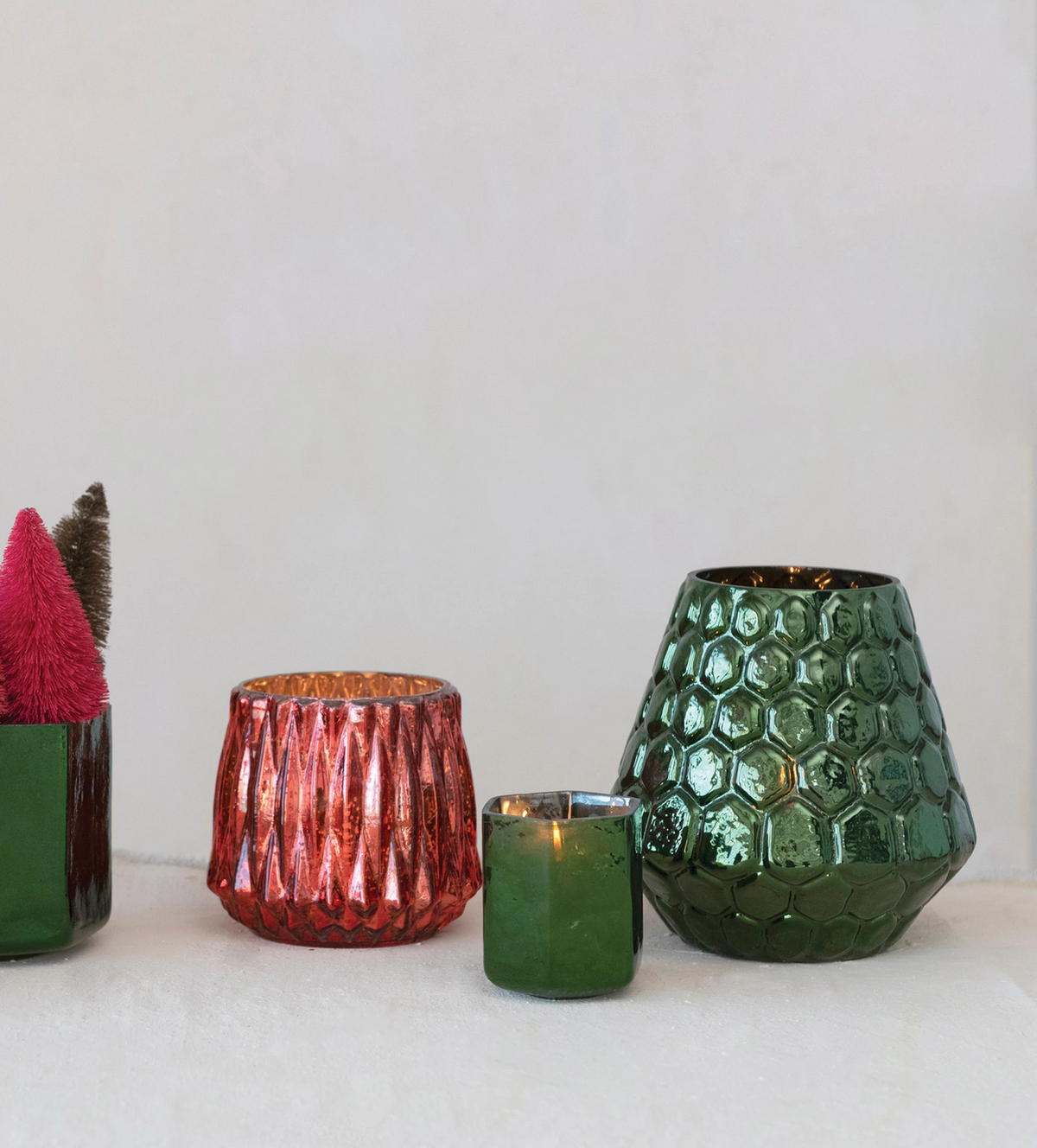Embossed Mercury Glass Candle Holder, Green Finish — alternate view 2