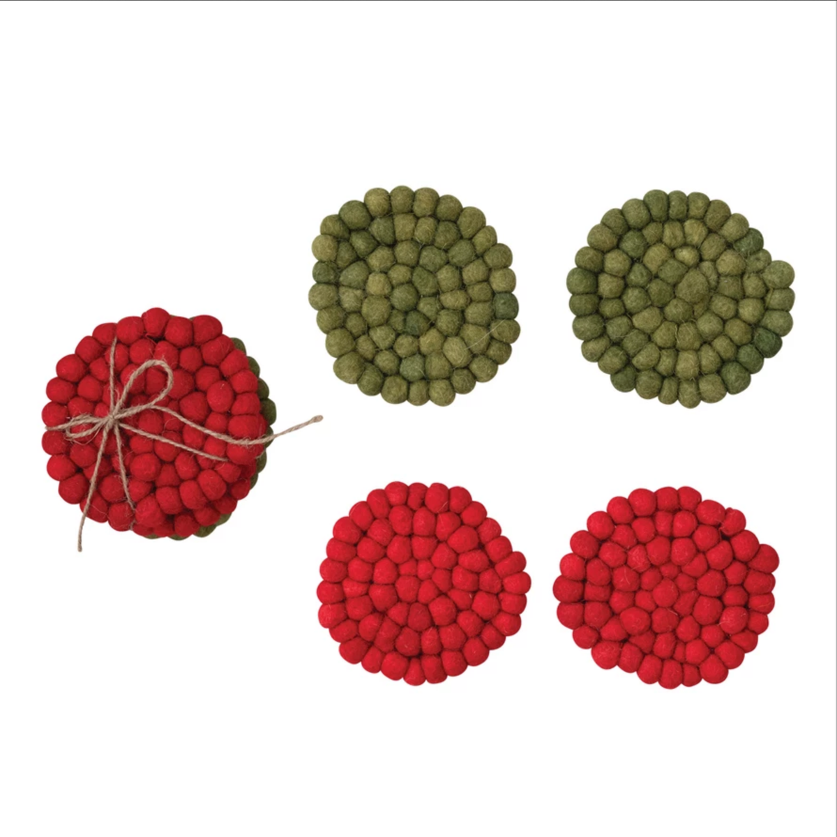 Handmade Wool Felt Ball Coasters, Red and Green, Set of 4