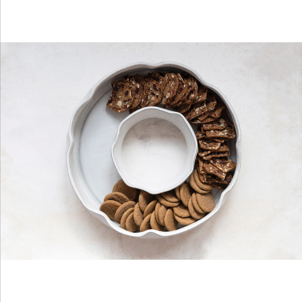 Stoneware Ring Shaped Serving Dish with 2 Sections, Reactive Glaze — alternate view 3