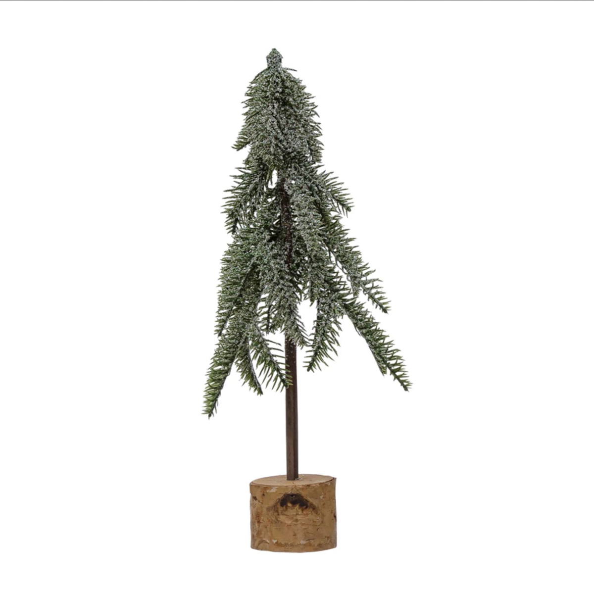 Plastic Pine Tree with Wood Slice Base, Snow Finish