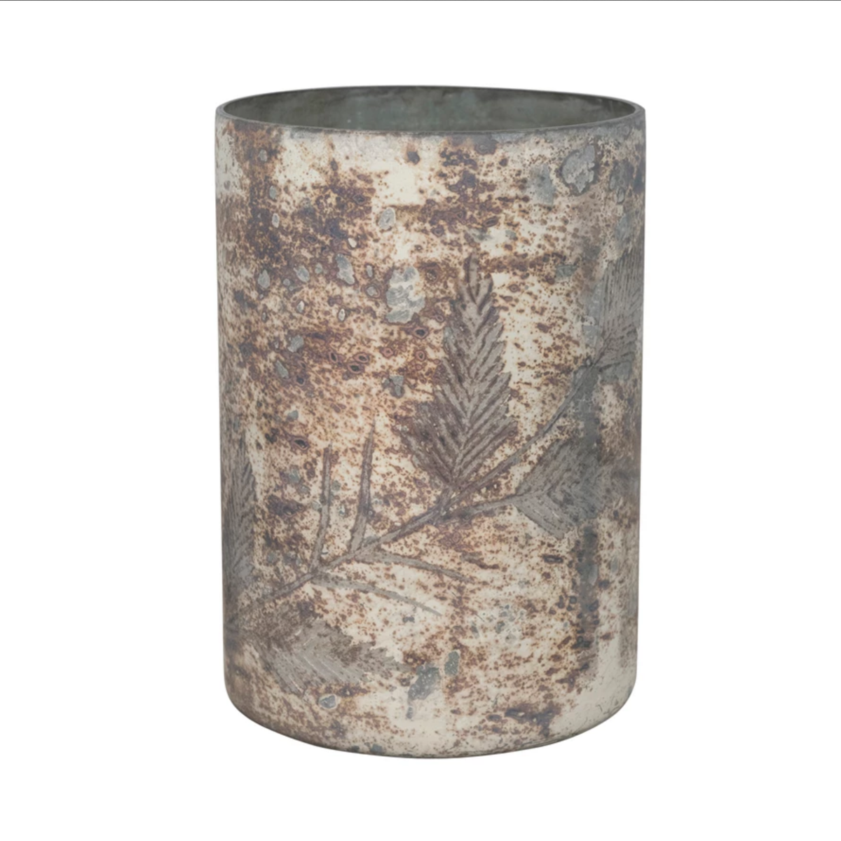 Glass Candle Holder with Etched Leaf Pattern