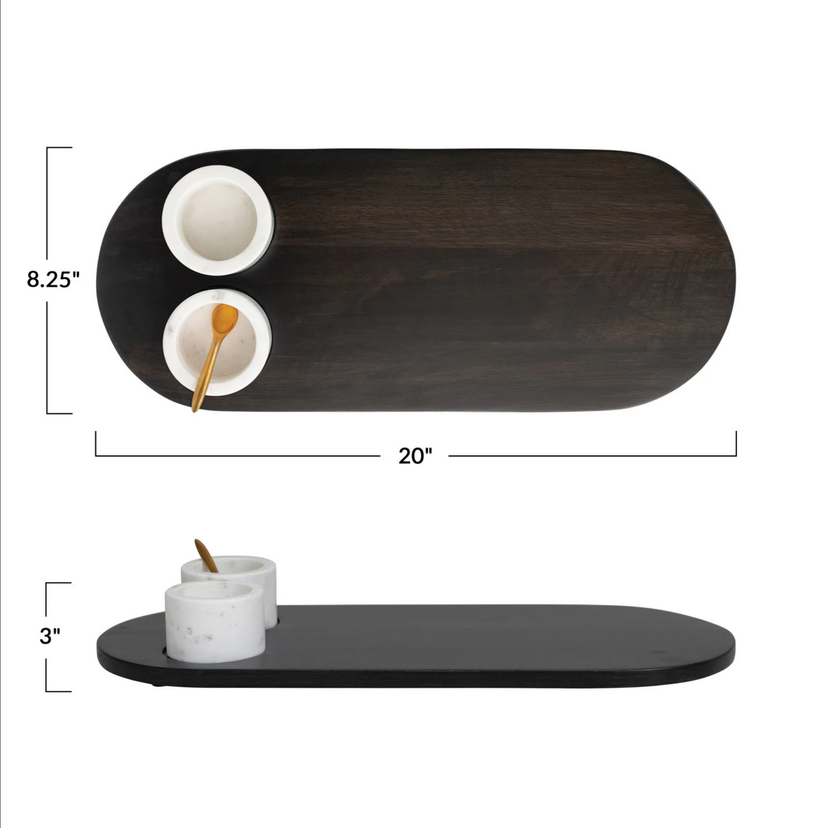 Mango Wood Tray w/ 2 Marble Bowls & Gold Finish Stainless Steel Spoon, Set of 4 — alternate view 2