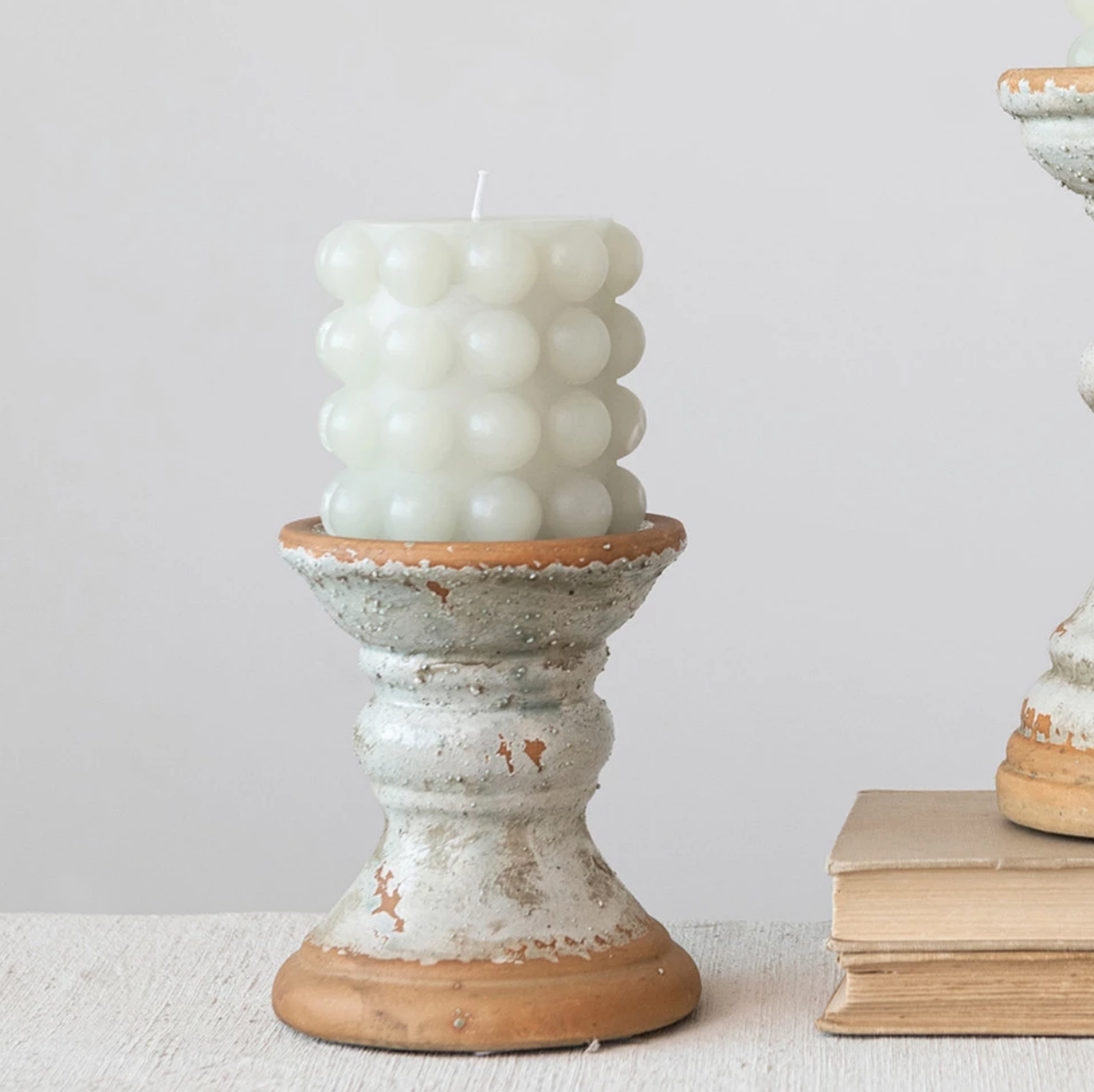 Terra-cotta Pillar Holder, Heavily Distressed Finish, Mint Color — alternate view 2